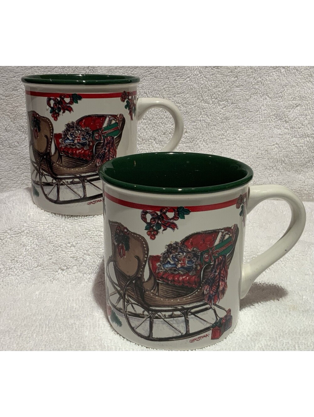Vintage 1992 Potpourri Press Victorian Sleigh 9oz. Mugs Set of Two